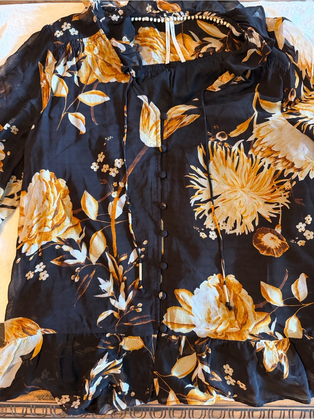 Anthropologie Floral Button Front Blouse Size Small Black Gold Sheer Boho